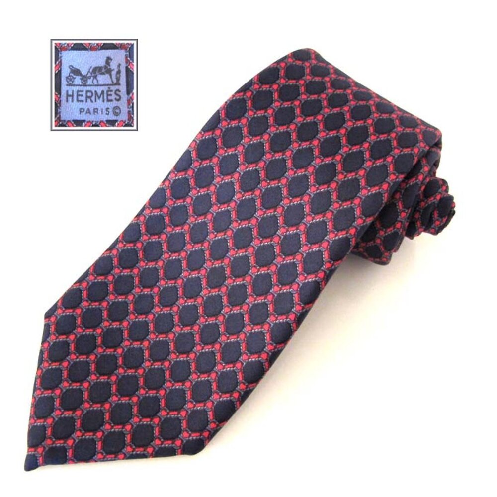 HERMES 939 IA navy/red geometric pattern silk tie France